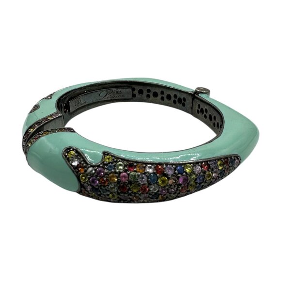 Rina Limor Off Turquoise Enamel Bracelet 925 Sterling Silver Clamper Bangle - Picture 5 of 5